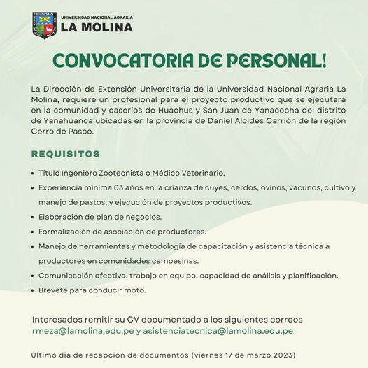 Convocatoria de personal: Ingeniero Zootecnista o Médico Veterinario – Región Cerro de Pasco