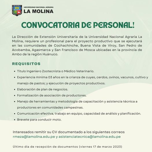 Convocatoria de personal: Ingeniero Zootecnista o Médico Veterinario – Región Huánuco